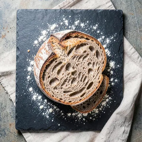 Overhead photo of sliced sourdough bread on slate with flour dust