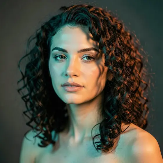 Studio portrait of a woman with curly hair lit in teal and warm tones
