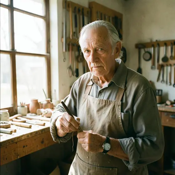 Older craftsman holding a tool in a sunlit workshop