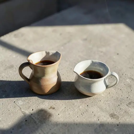 Two ceramic coffee cups on a sunlit concrete surface