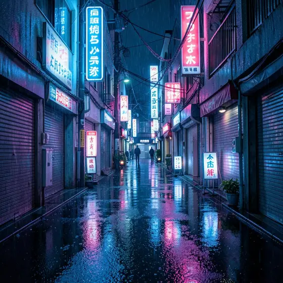 Neon-lit rainy Tokyo backstreet reflecting on wet asphalt