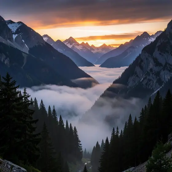 Alpine valley filled with low fog at sunrise