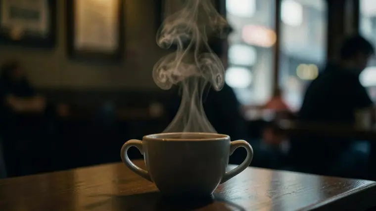 Film still of steam rising from a coffee cup in a dim cafe