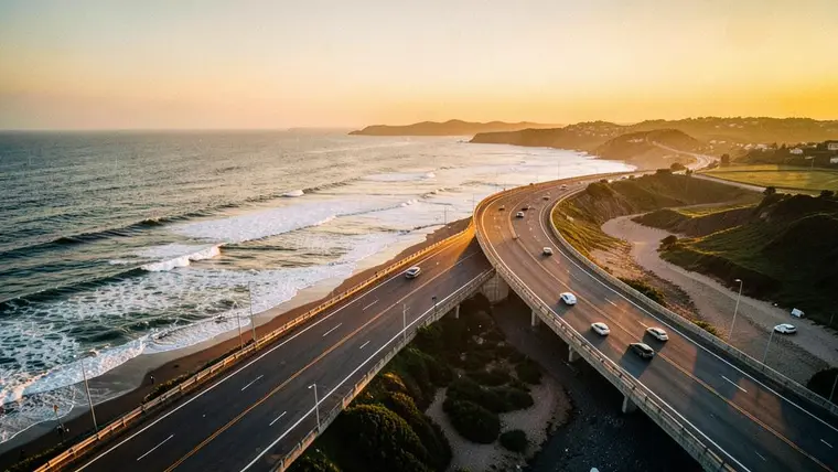 Film still of a coastal highway at golden hour from above