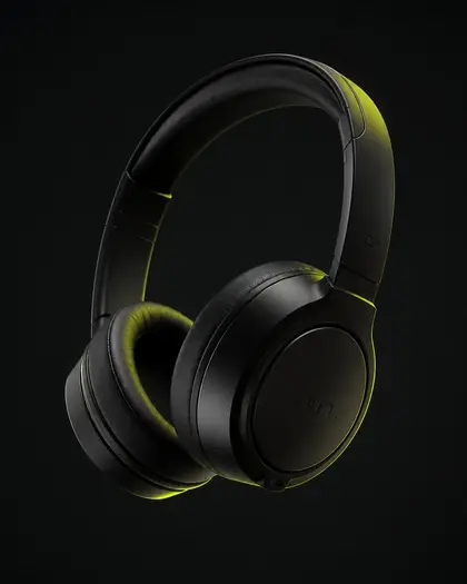 Product render of matte black headphones with lime rim lighting