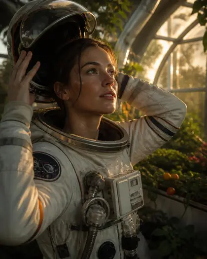 Cinematic portrait of an astronaut in an orbital greenhouse