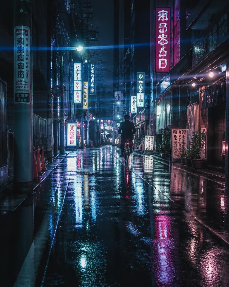 Neon-lit rainy Tokyo alley at night with a lone cyclist